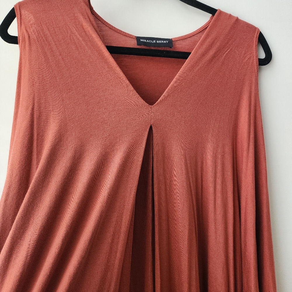 Miracle Berry Rust V-Neck Oversized Tunic‎ Cold Shoulder Dolman Sleeves Soft